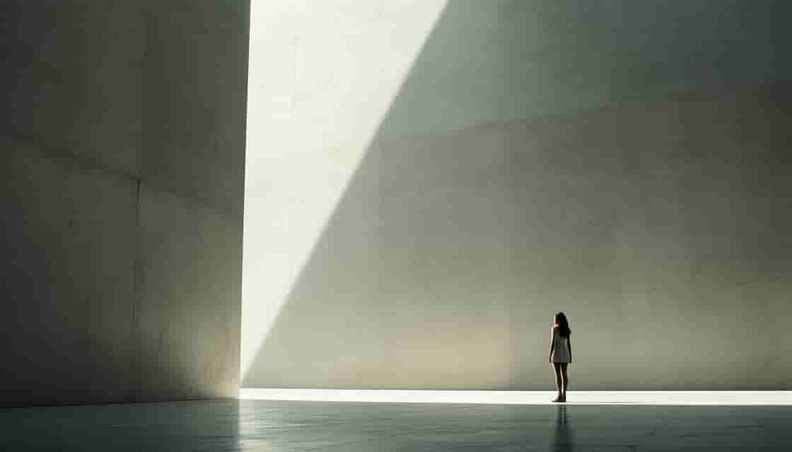 Flux.1 Kontext generated image: Scene from a movie. A woman stands motionless near the far edge of a massive concrete wall, her body...