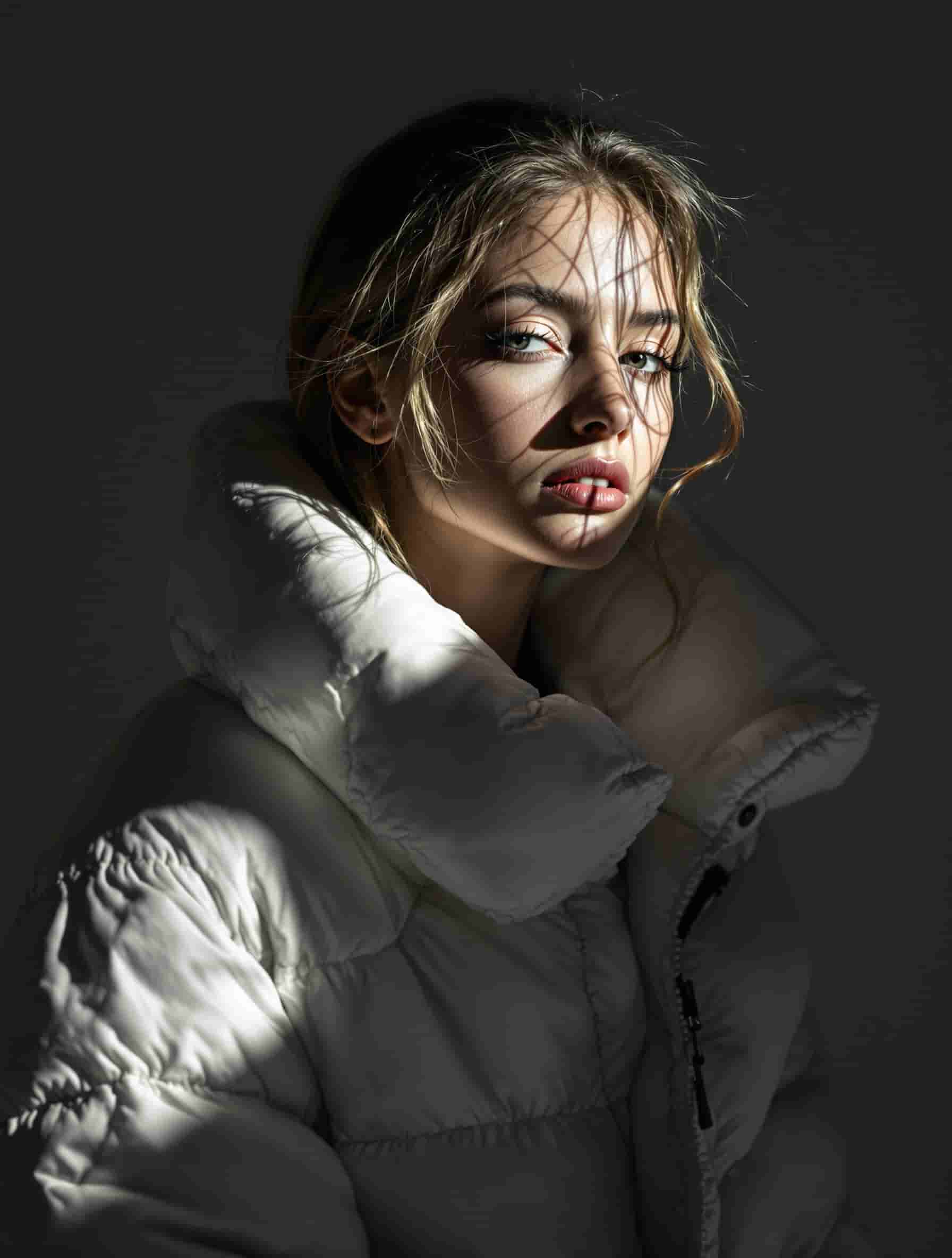 Flux.1 Kontext generated image: Photo of a model in a white puff jacket, chiaroscuro light...