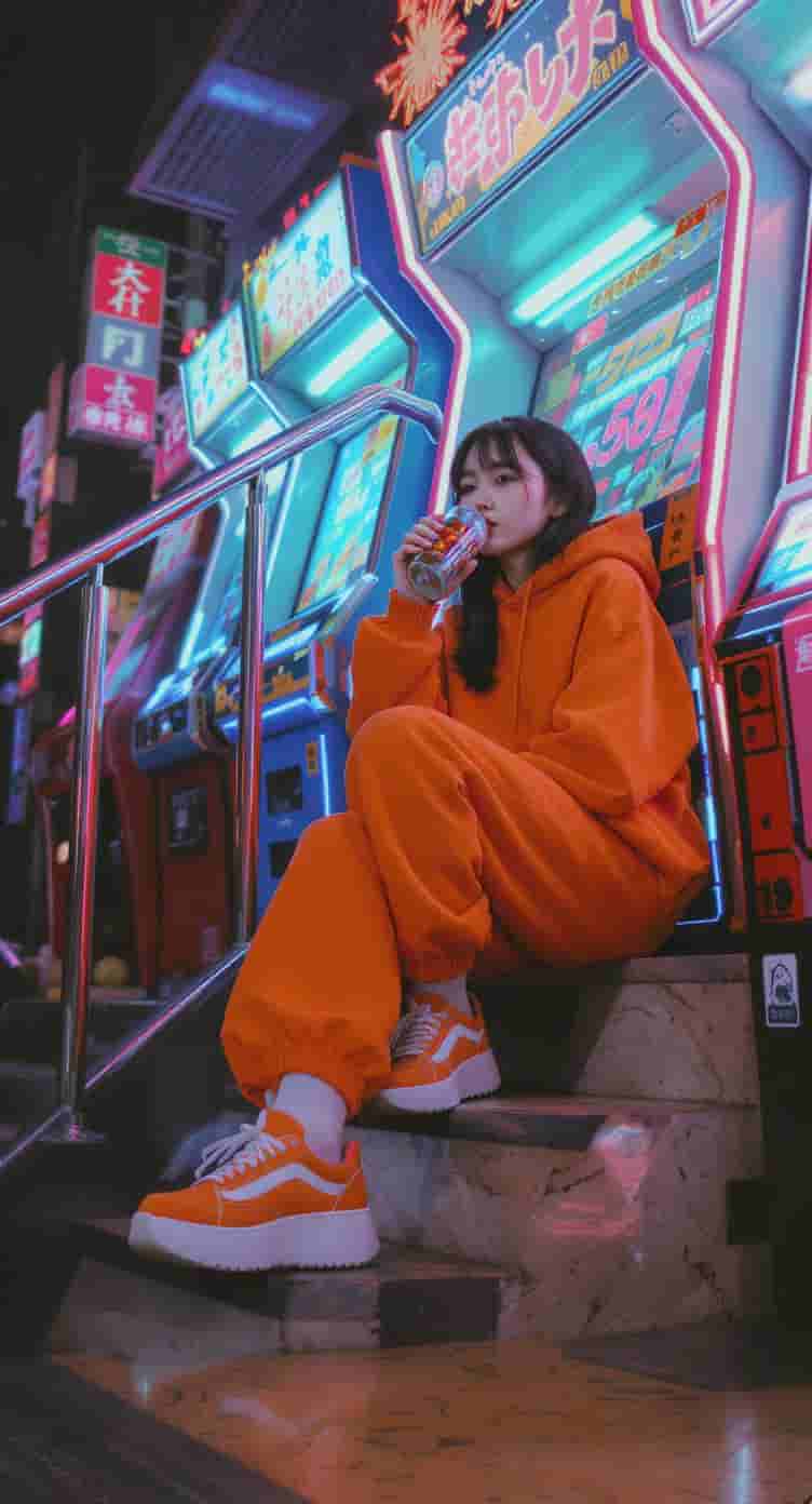 Flux.1 Kontext generated image: A Japanese girl in an orange tracksuit with matching platform shoes, sipping soda on the steps of a ...