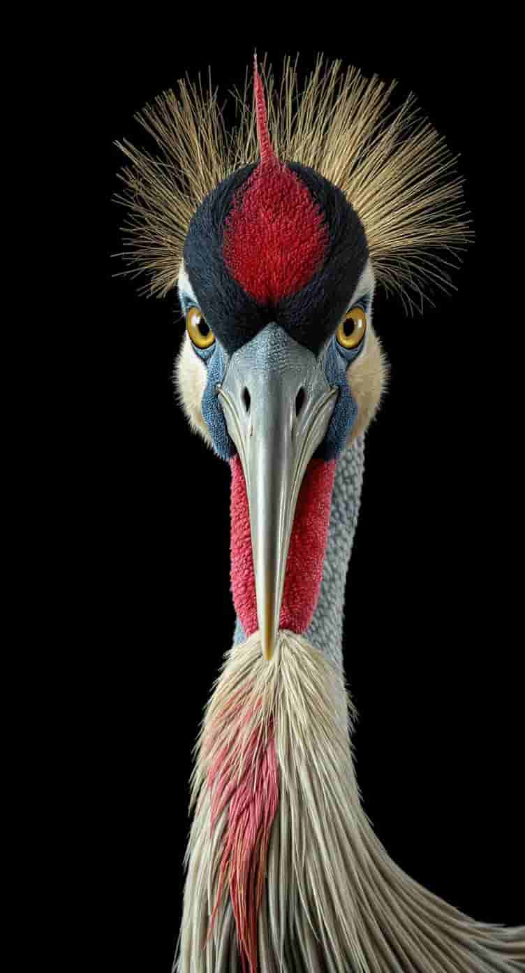 Flux.1 Kontext generated image: A Crane frontal face portrait, National Geographic, elegant, Black background, HD , hyper realistic,...