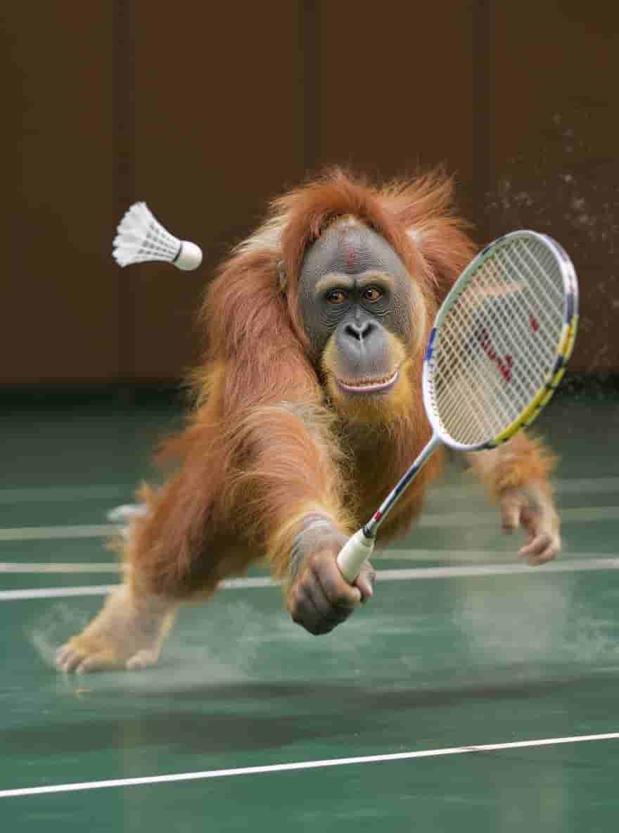 Flux.1 Kontext generated image: Photorealistic, an orangutan, playing badminton, doing a fast, powerful, diving smash towards the op...
