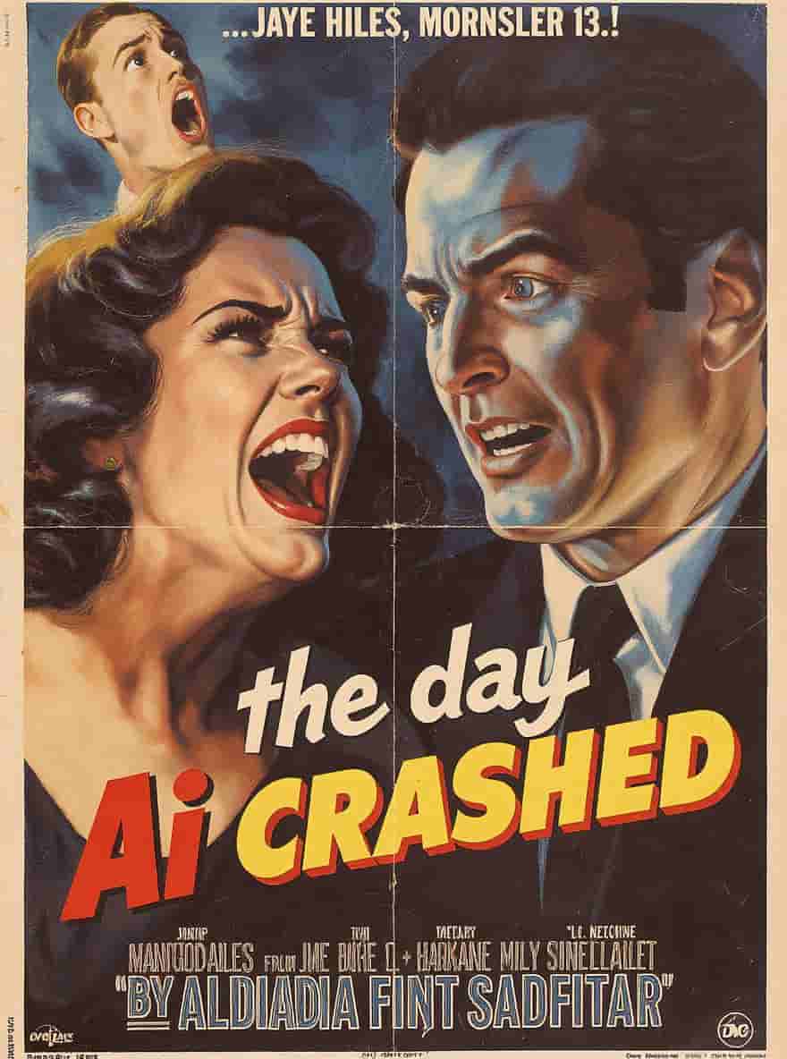 Flux.1 Kontext generated image: A vintage style movie poster of men and women screaming with frustration with the title "the day AI ...