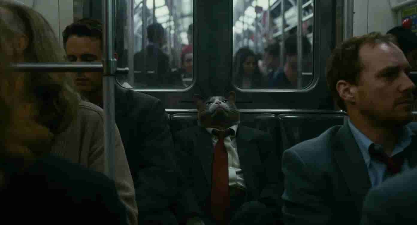 Flux.1 Kontext generated image: Shot and directed by Quentin Tarantino. cat in a business suit sitting in a crowded subway train dur...